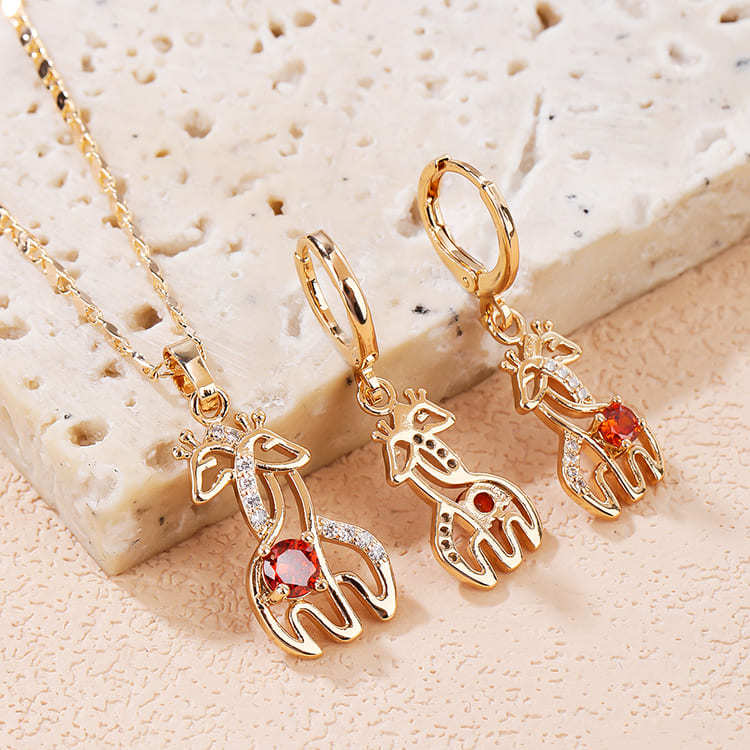 Giraffe Cute Jewelry Set of Earring and Necklace red