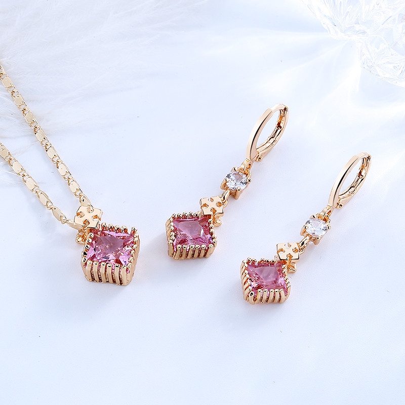 Cubic Zirconia Set of Earring and Necklace pink 2