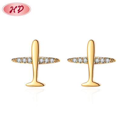 Brass Jewellery Manufacturers Wholesale| Custom Air Plane Tiny Special Zirconia Stud Earrings| Bisuteria De Oro Laminado