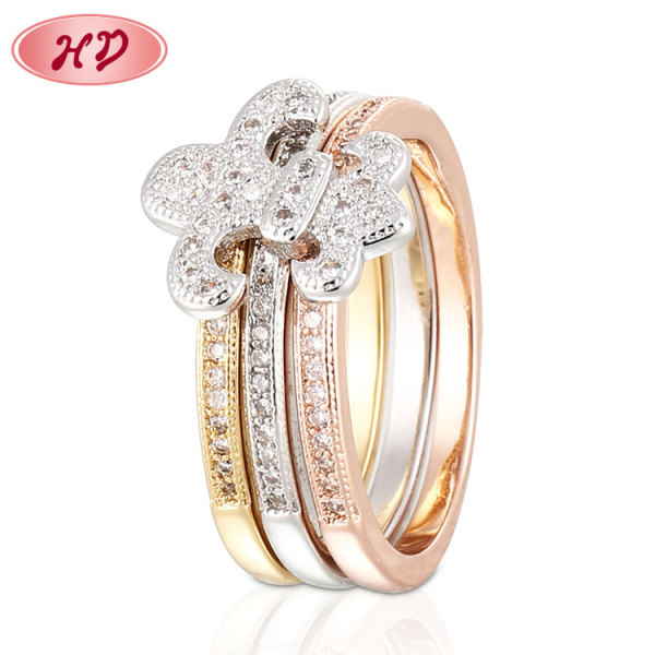 散装定制珠宝批发 3 色戒指配件|  花形方晶锆石结婚戒指多层|  带方晶锆石的玫瑰金镀铑 3 色戒指