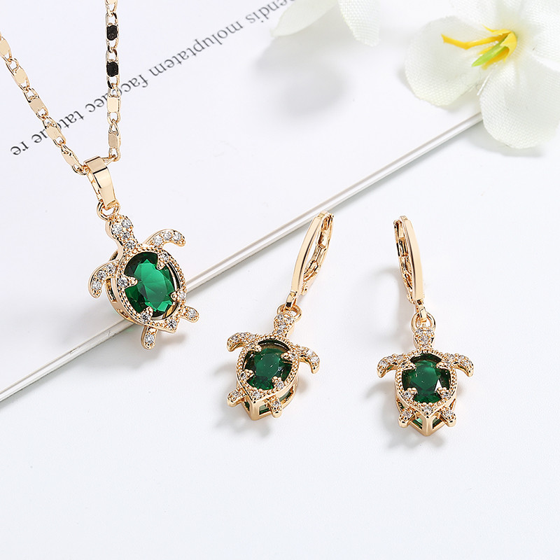 Turtle Pendant Necklace Set Jewelry green