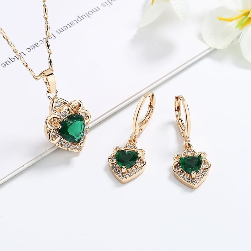 Heart Pendant Necklace Set Jewelry green 1