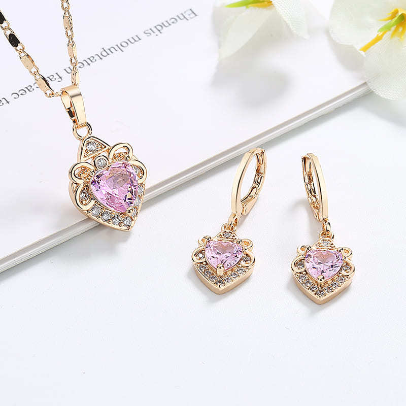 Heart Pendant Necklace Set Jewelry pink earring