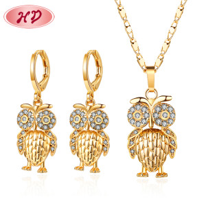Owl Jewelry Earring and Necklace Set| Anti-allergy Non Tarnish 18k Gold Plated Brass AAA Cubic Zirconia| Importadora de Joyas