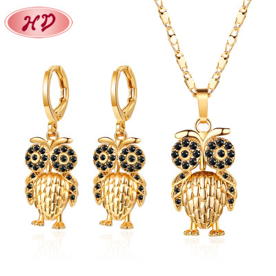 Luxury HD 18k Gold Plated Cubic Zirconia Owl Jewelry Earring and Necklace Set For Gift