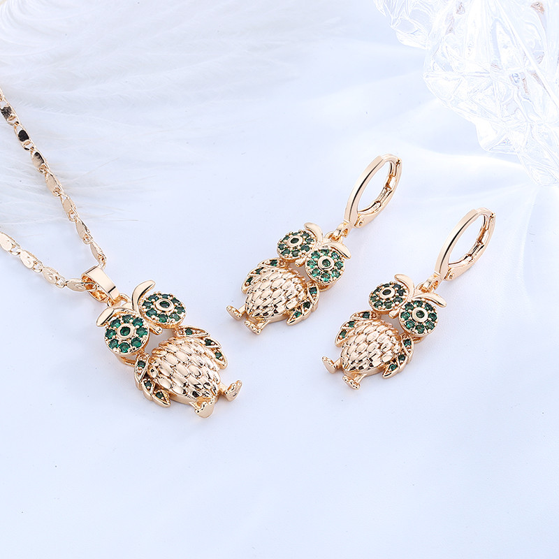 Owl Pendant Necklace Set Jewelry green 2