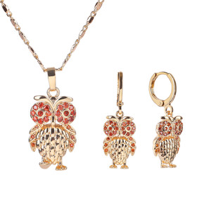 Owl Jewelry Earring and Necklace Set| Anti-allergy Non Tarnish 18k Gold Plated Brass AAA Cubic Zirconia| Importadora de Joyas