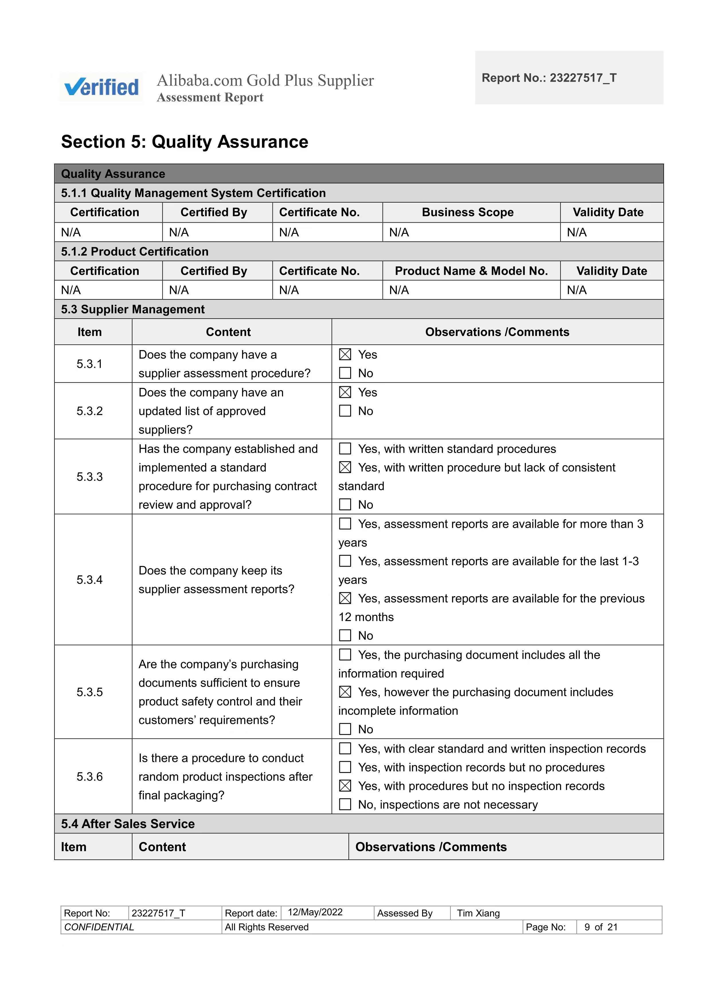 Supplier Assessment Report