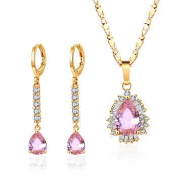 Wholesale Fashion 18K Solid Gold Pink water drop zircon Stainless Steel Earrings Necklace Sets Jewelry Set For Women