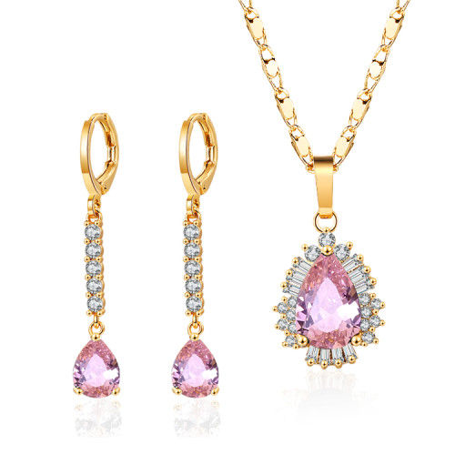 Venta al por mayor de moda 18K oro sólido rosa gota de agua zircon pendientes de acero inoxidable collar conjuntos de joyería para mujer