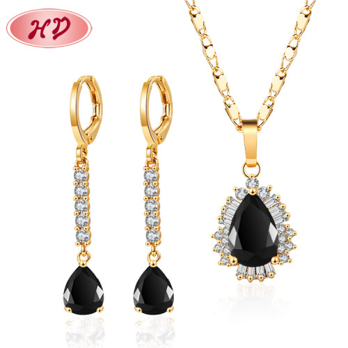 Wholesale Fashion 18K Solid Gold Pink water drop zircon Stainless Steel Earrings Necklace Sets Jewelry Set For Women