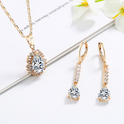 Wholesale Fashion 18K Solid Gold Pink water drop zircon Stainless Steel Earrings Necklace Sets Jewelry Set For Women