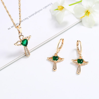 Cheap Price | Emerald Angel Wings Zirconia | Stainless Steel 18K Gold Plated | Women Jewelry Earrings Sets For Memorial Day