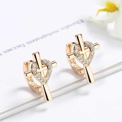 Fashion Heart Shaped Cross | 18K Gold Filled Huggies Earrings | Micro Pave Earring For Women