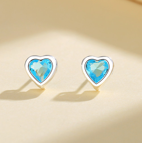 Mujer Azul En Forma De Corazón | Pendientes de plata de ley 925 con circonitas cúbicas Aaa | Aretes de aguja con brillantina de ley