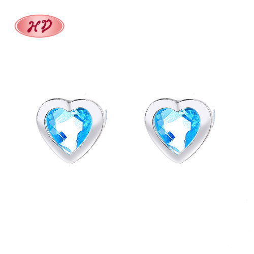 Women Blue Heart-Shaped | Aaa Cubic Zirconia 925 Sterling Silver Earrings | Needle Glitter Sterling Stud Earrings