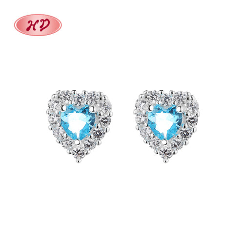 Fashion Minimalist | Blue Aaa Cubic Zirconia | Sterling 925 Silver Heart-Shaped | Women Stud Earrings
