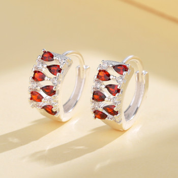 Free Shipping | Fine Silver Plated | Red Cubic Zirconia 925 Sterling Silver Huggies Earrings | For Women Girls