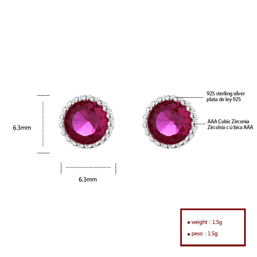 Beauty Silver Plated | Red Aaa Cubic Zirconia | Stud 925 Sterling Silver Round Earrings For Women