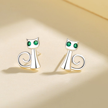 Wholesale Fine Teenagers | Cute Cat Green AAA Cubic Zirconia | Sterling Silver Piercing Stud Earring