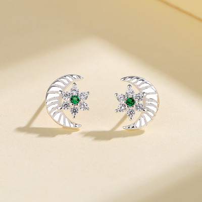 Fashion Moon And Stars Shaped | Women 925 Sterling Silver Needle | Green Cubic Zirconia Unique Stud Earrings