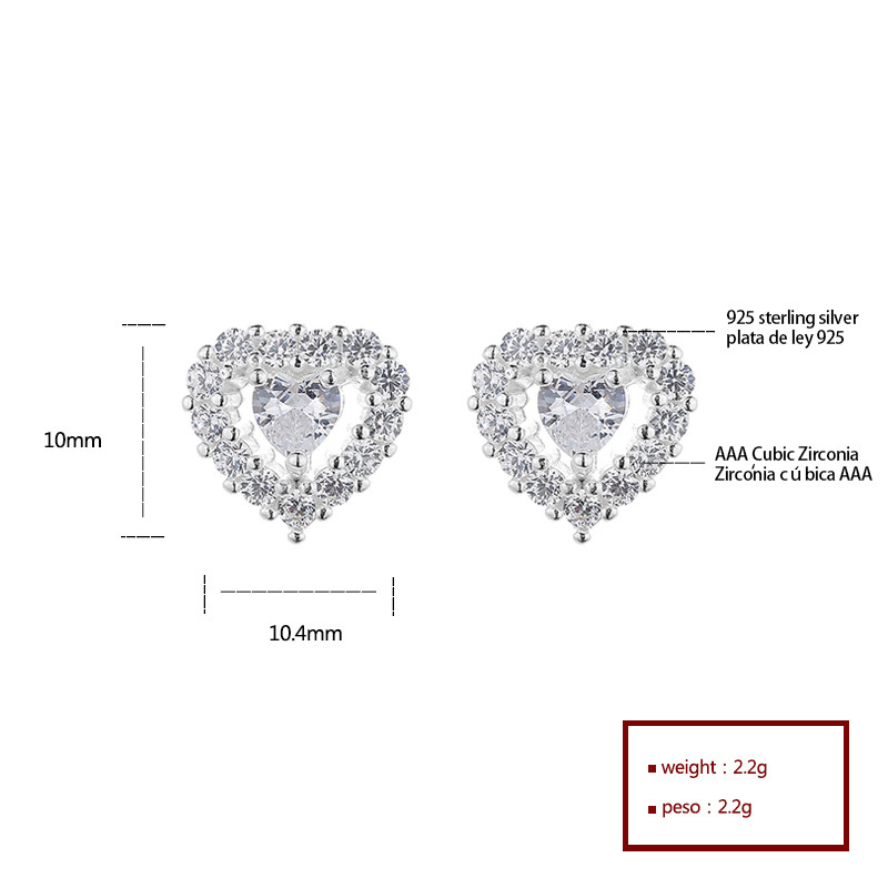 S925 Pendientes de botón de corazón de plata