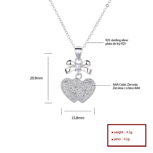 Zirconia cúbica Aaa delicada personalizada | Incrustaciones de plata esterlina Amor doble | Colgante Corazón Sin Cuello Para Madre Niña