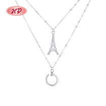 Wholesale Supplier 925 Stainless Steel | Double Layer Eiffel Tower Half Round | Sterling Silver Pendant Necklace 2023 Trend