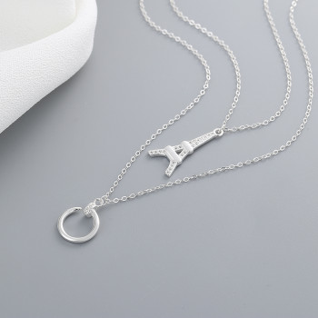 Wholesale Supplier 925 Stainless Steel | Double Layer Eiffel Tower Half Round | Sterling Silver Pendant Necklace 2023 Trend