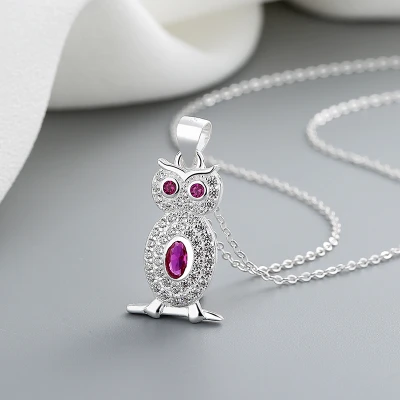 Luxury Fine Cz Aaa Zircon Owl Ruby Silver Chain Necklace 925 Sterling For Women