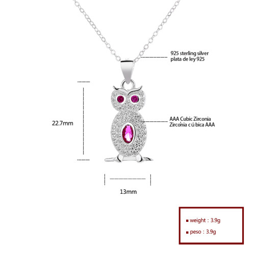 Circón fino de lujo Cz Aaa | Collar de cadena de plata de rubí de búho 925 Sterling para Wome
