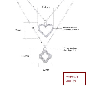 Joyería de plata esterlina S925 de lujo | Collar Doble Trébol de Cuatro Hojas en Forma de Corazón Plata