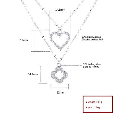Luxury S925 Sterling Silver Jewelry | Heart Shaped Four Leaf Clover Double Necklace Pendant Silver