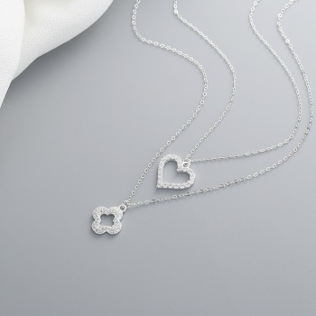 Luxury S925 Sterling Silver Jewelry | Heart Shaped Four Leaf Clover Double Necklace Pendant Silver