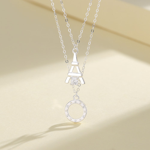 Aaa Cubic Zirconia Sterling Silver S925 Joyería Hip Hop | Colgante de anillo de la Torre Eiffel Collar doble Piedra preciosa de moda