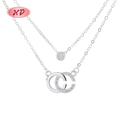 Luxury Aaa Cubic Zirconia Ladies Silver Pendant  Necklace Sterling Silver Cc Double Chain Necklace