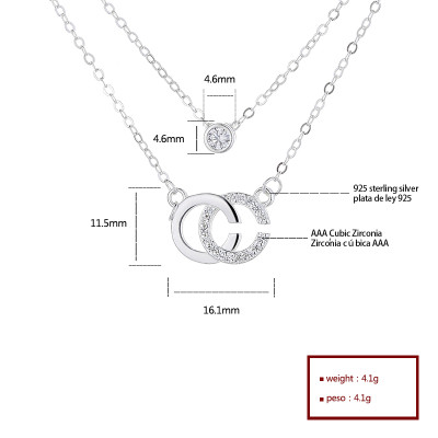 Luxury Aaa Cubic Zirconia Ladies Silver Pendant  Necklace Sterling Silver Cc Double Chain Necklace