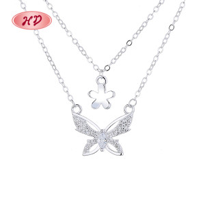 2023 Trend | Womens Butterfly Flower Double Layer | 925 Sterling Silver Pendant Necklace For Ladies