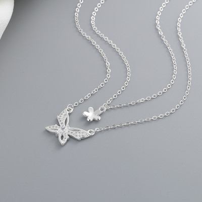 2023 Trend | Womens Butterfly Flower Double Layer | 925 Sterling Silver Pendant Necklace For Ladies