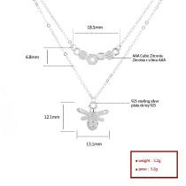 Dainty Cz Zircon | Cute Womens Cross Double Layer Bee Necklace | 925 Sterling Silver Pendant