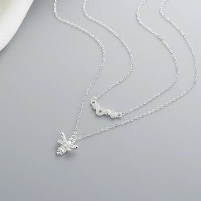 Dainty Cz Zircon | Cute Womens Cross Double Layer Bee Necklace | 925 Sterling Silver Pendant