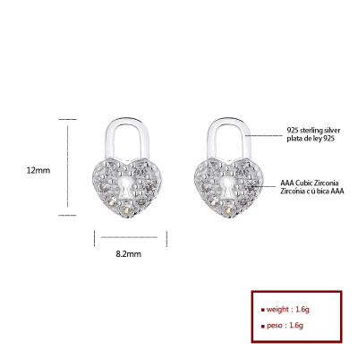 Fashion High Quality | Heart-Shaped Lock Zircon | 925 Sterling Silver Studs Earring | For Ladies Jewelry