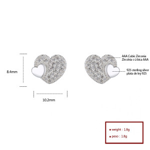 Moda en forma de corazón | Pendientes de tuerca chapados en plata de ley 925 con circonitas blancas | Para niñas joyería