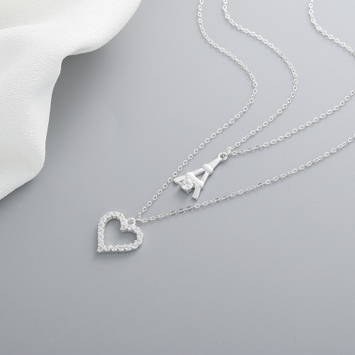 Colgante de joyería fina de plata de ley 925 para mujer | Pandora de plata de doble capa | Corazón Torre Eiffel Collares