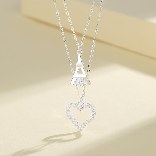 Fine Women Sterling Silver 925 Jewelry Pendant | Silver Choker Pandora Double Layered | Heart Shaped Eiffel Tower Necklaces Jewelry