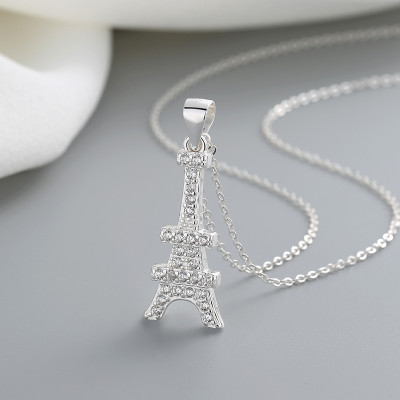 2023 Venta caliente Cadena larga de plata esterlina 925 | Zirconia cúbica Aaa| Collares con colgante de plata de la Torre Eiffel para mujer