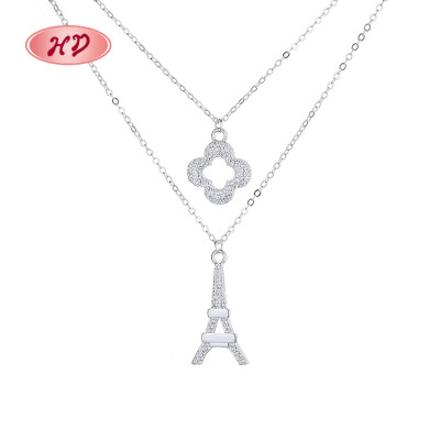 Cute Four Leaf Clover Eiffel Tower Necklace | Cubic Zirconia Women Jewelry | Sterling Silver Double Necklace Pendant