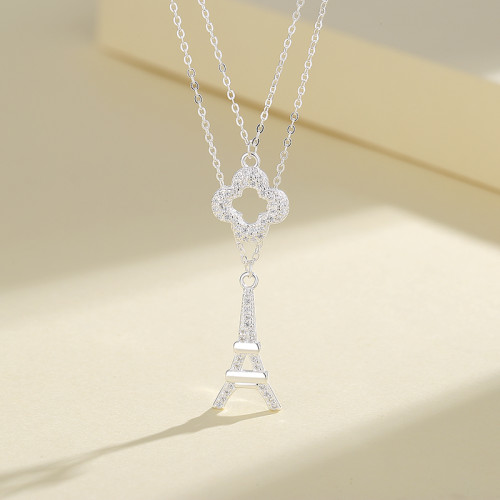 Cute Four Leaf Clover Eiffel Tower Necklace | Cubic Zirconia Women Jewelry | Sterling Silver Double Necklace Pendant