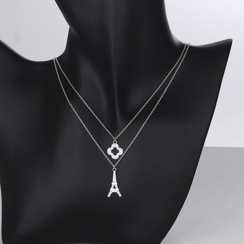 Cute Four Leaf Clover Eiffel Tower Necklace | Cubic Zirconia Women Jewelry | Sterling Silver Double Necklace Pendant