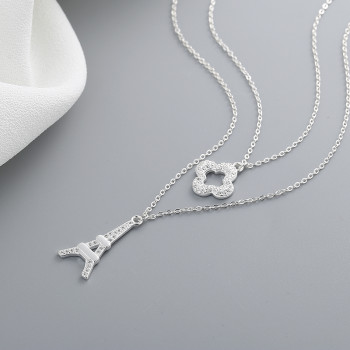 Cute Four Leaf Clover Eiffel Tower Necklace | Cubic Zirconia Women Jewelry | Sterling Silver Double Necklace Pendant